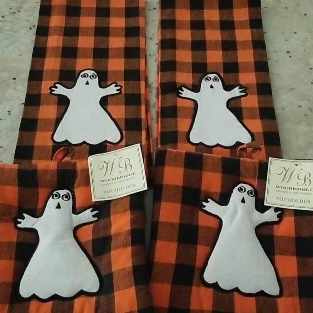 Halloween Orange and Black Buffalo Check with Ghosts Towels and Pot Holders